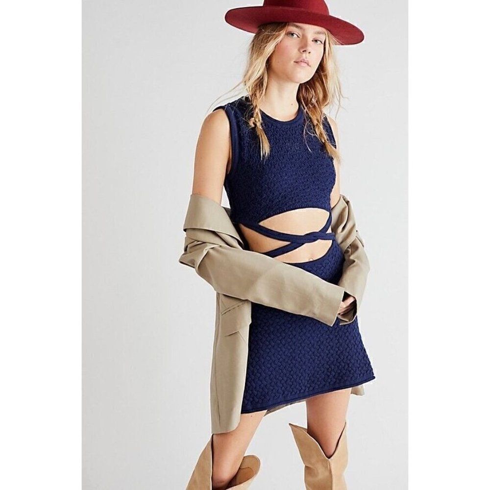 NWT FREE PEOPLE X BEC + BRIDGE Sz US 4 EFFIE KNIT MINI CUTOUT DRESS INK BLUE